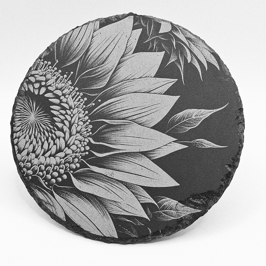 Round black stone coaster with a detailed white sunflower design on a white background