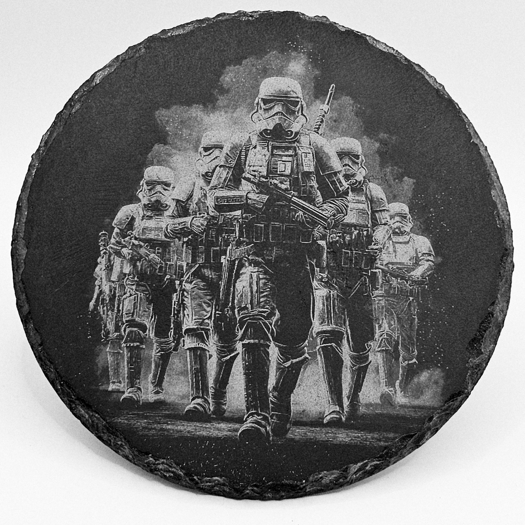 Round slate coaster with engraved image of stormtroopers from Star Wars