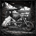 Motorcycle parked next to a tent in a forest with a lake and night sky.
