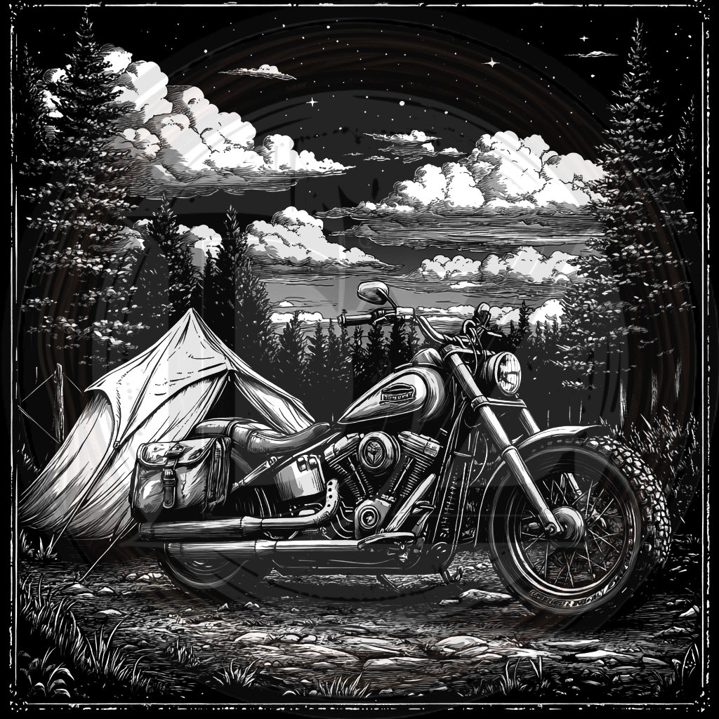 Motorcycle parked next to a tent in a forest with a lake and night sky.
