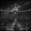 Airplane flying over a city at night with a starry sky.