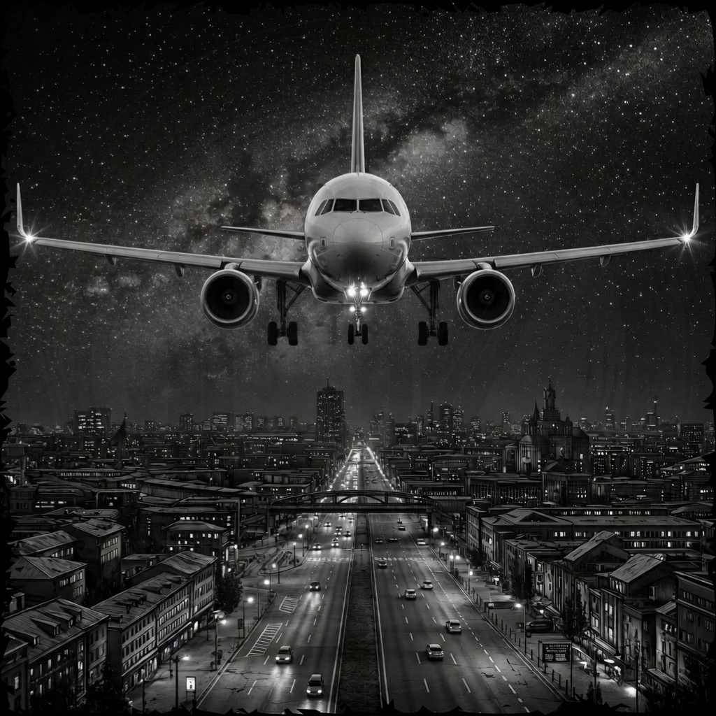 Airplane flying over a city at night with a starry sky.