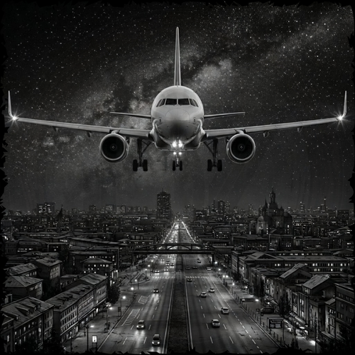 Airplane flying over a city at night with a starry sky.