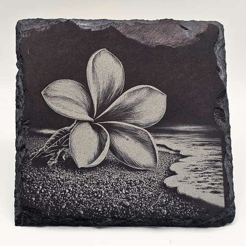 Slate tile with a black and white frangipani flower design on a beach background