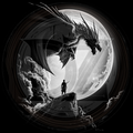 Black and white illustration of a dragon and a warrior with a moon in the background