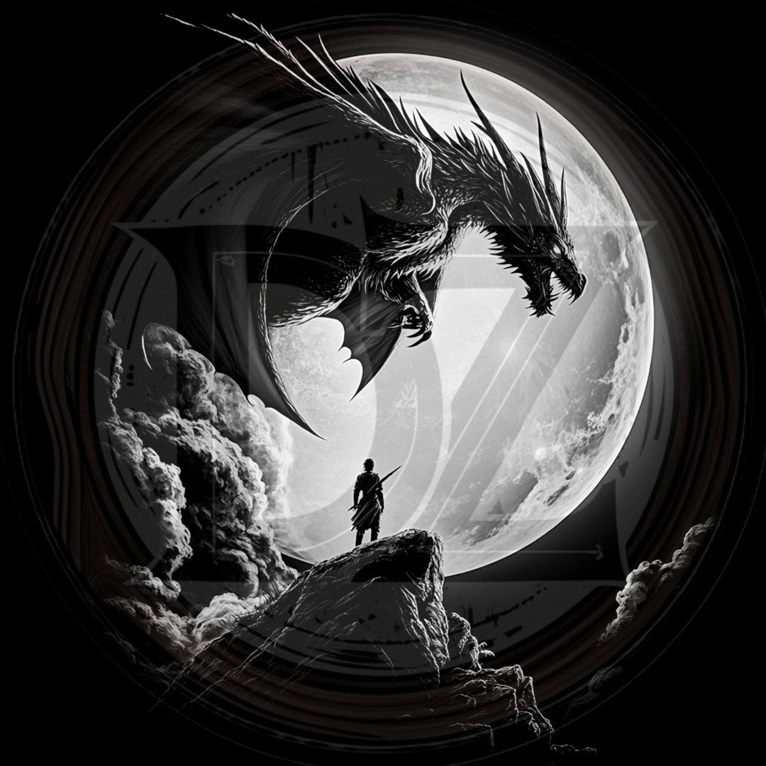 Black and white illustration of a dragon and a warrior with a moon in the background