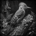 Black and white illustration of a bird perched on a branch with foliage and flowers.