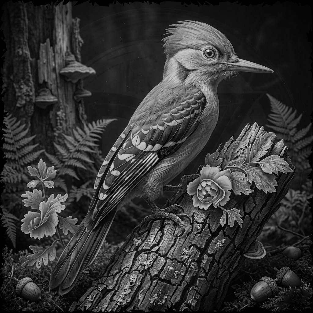 Black and white illustration of a bird perched on a branch with foliage and flowers.