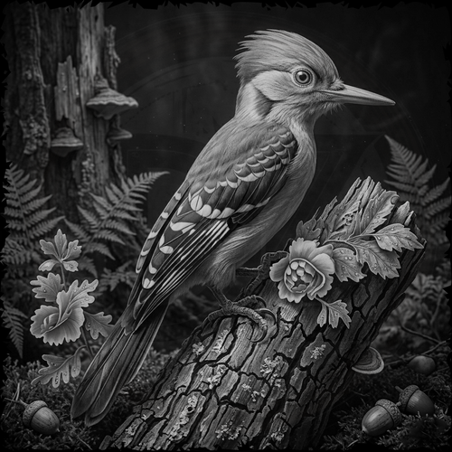 Black and white illustration of a bird perched on a branch with foliage and flowers.
