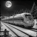 High-speed train on a snowy track under a full moon