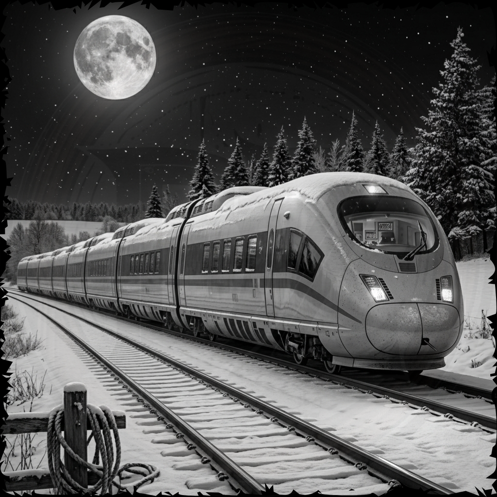 High-speed train on a snowy track under a full moon