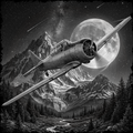 Vintage airplane flying over a mountainous landscape with a large moon in the sky.