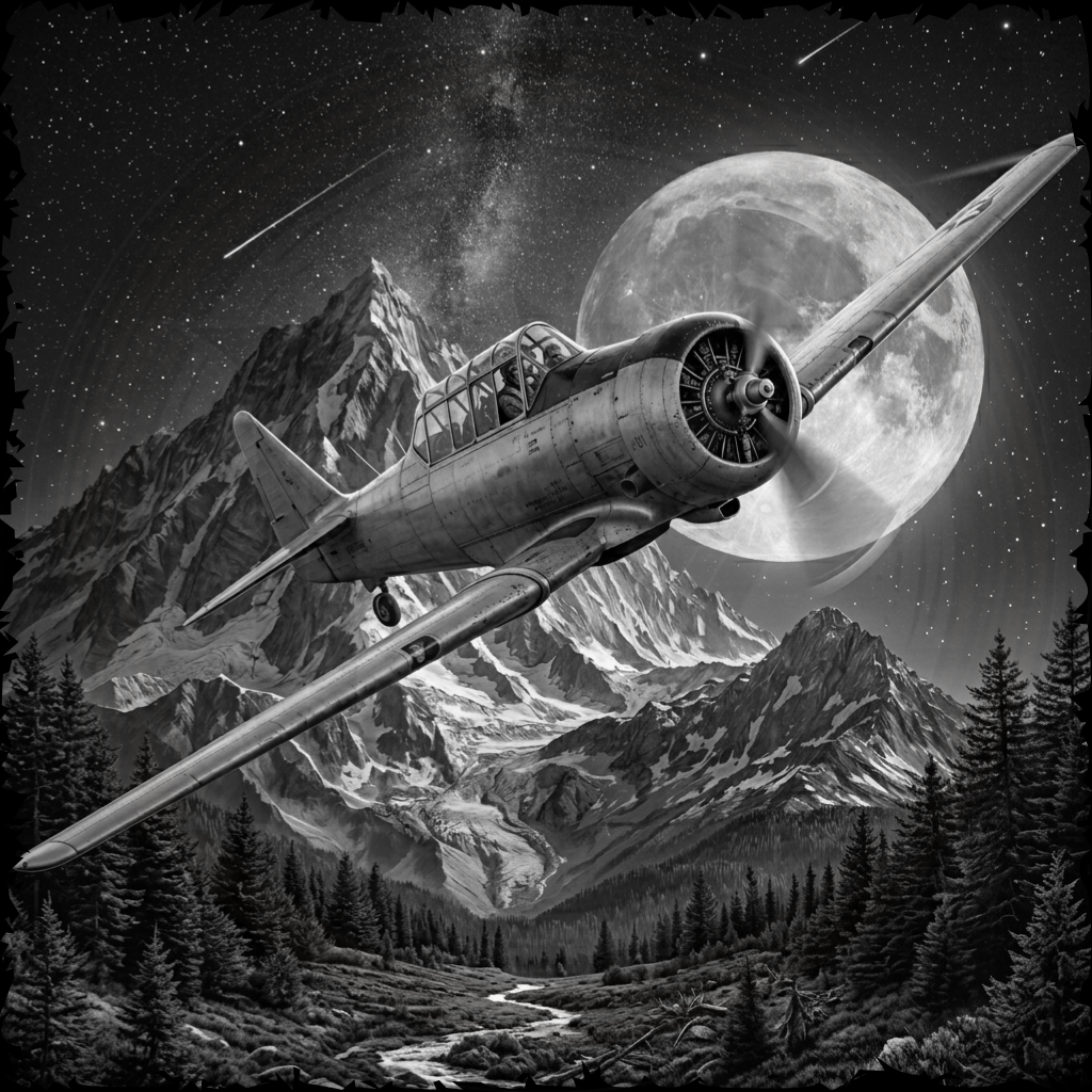 Vintage airplane flying over a mountainous landscape with a large moon in the sky.