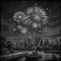 Black and white city skyline with fireworks over a body of water