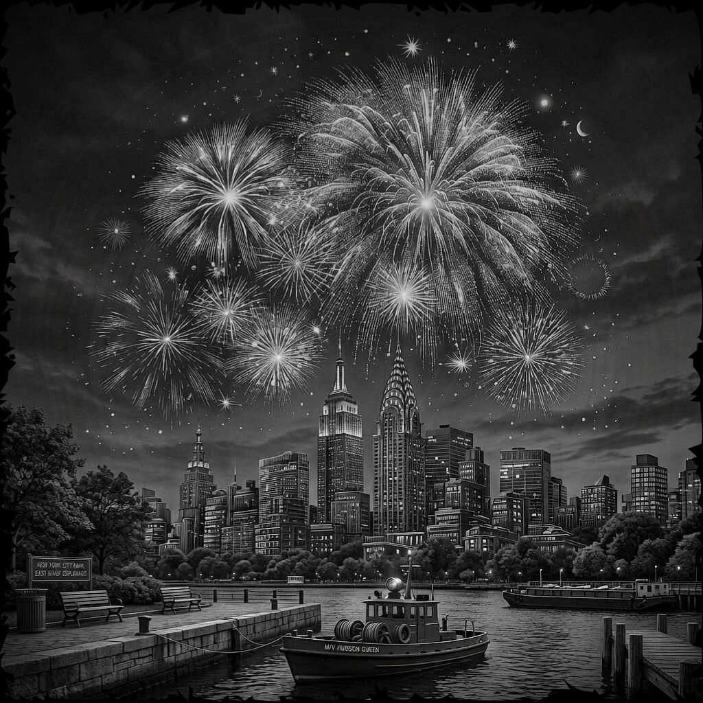 Black and white city skyline with fireworks over a body of water