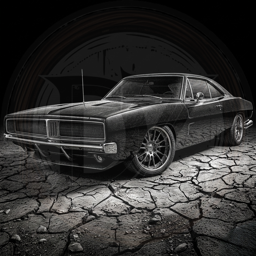 Vintage car on a cracked, dark ground