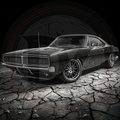 Vintage car on a cracked, dark ground