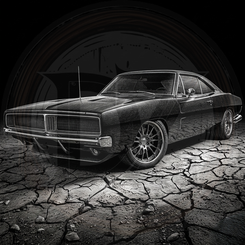 Vintage car on a cracked, dark ground