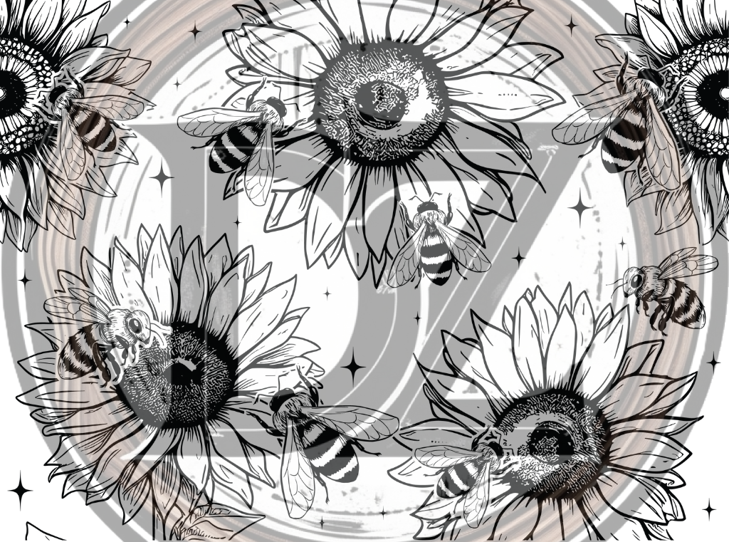 Black and white illustration of sunflowers and bees