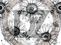 Black and white illustration of sunflowers and bees