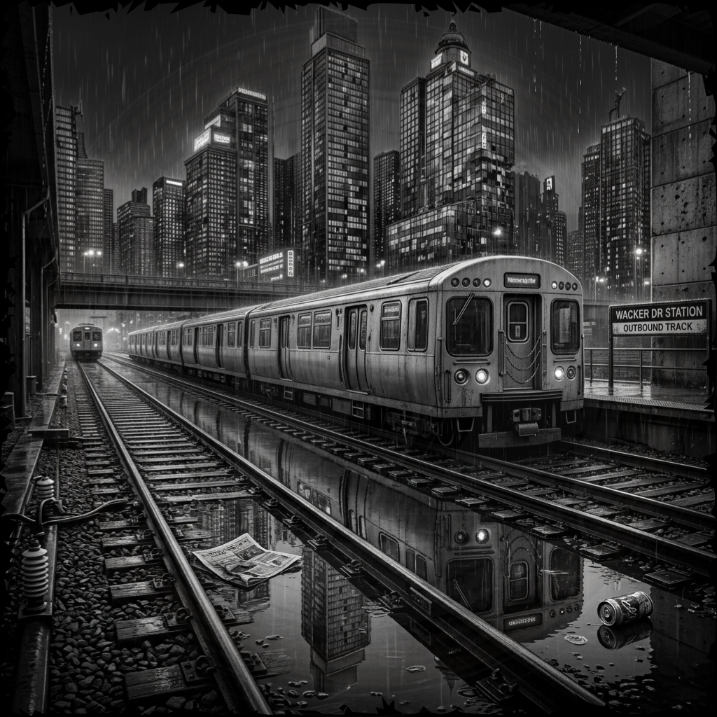 Cityscape with a train at a station during nighttime.