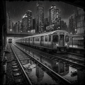 Cityscape with a train at a station during nighttime.