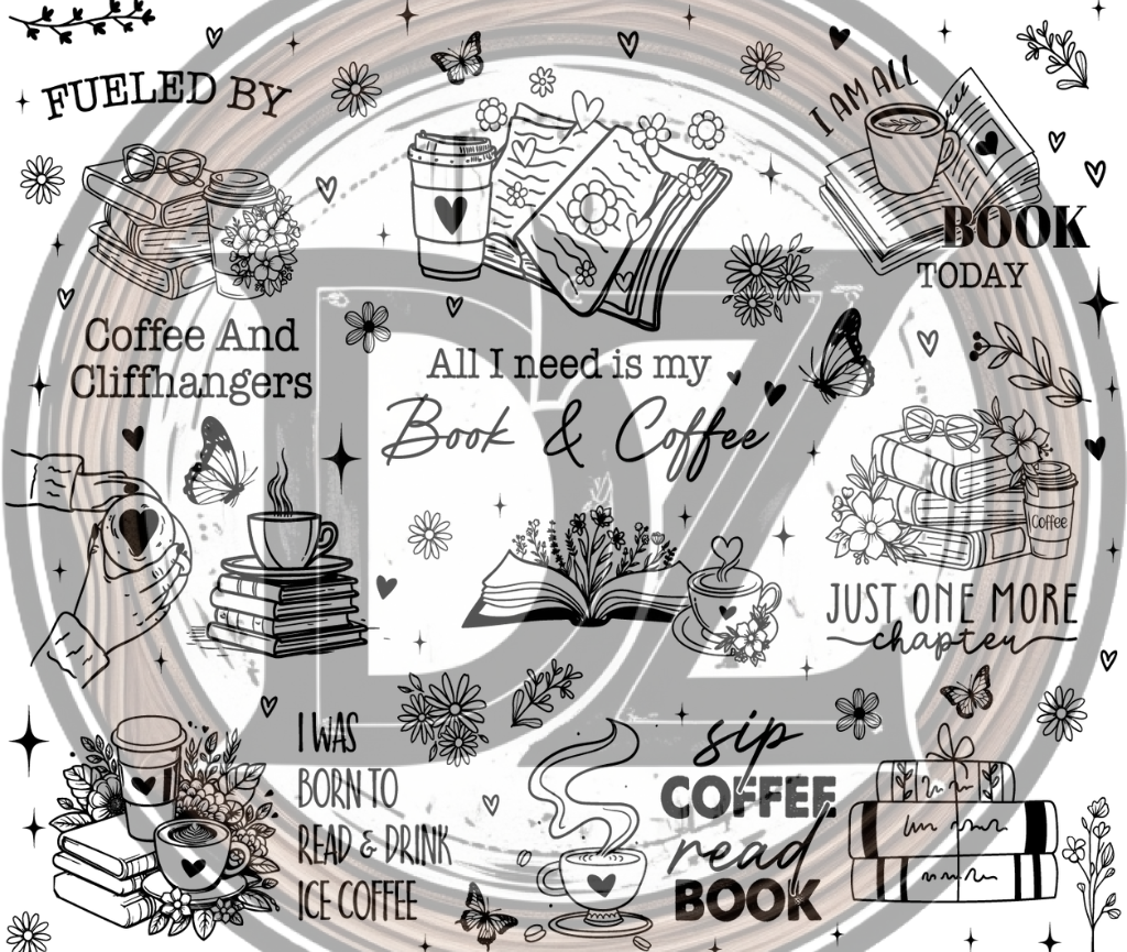 Circular design with book and coffee-themed illustrations and text.