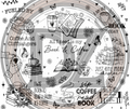 Circular design with book and coffee-themed illustrations and text.