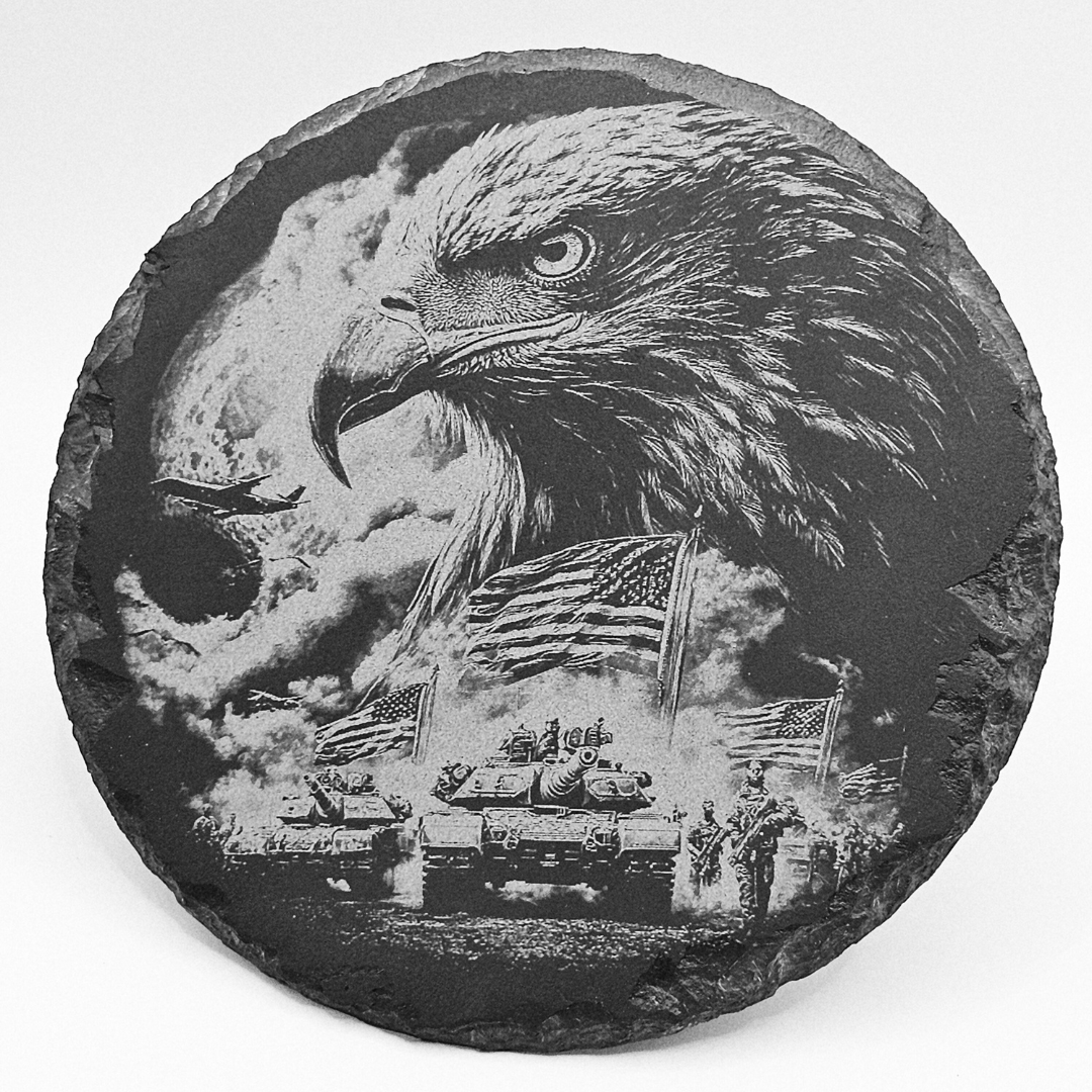 Decorative stone with an eagle and American flag design on a white background