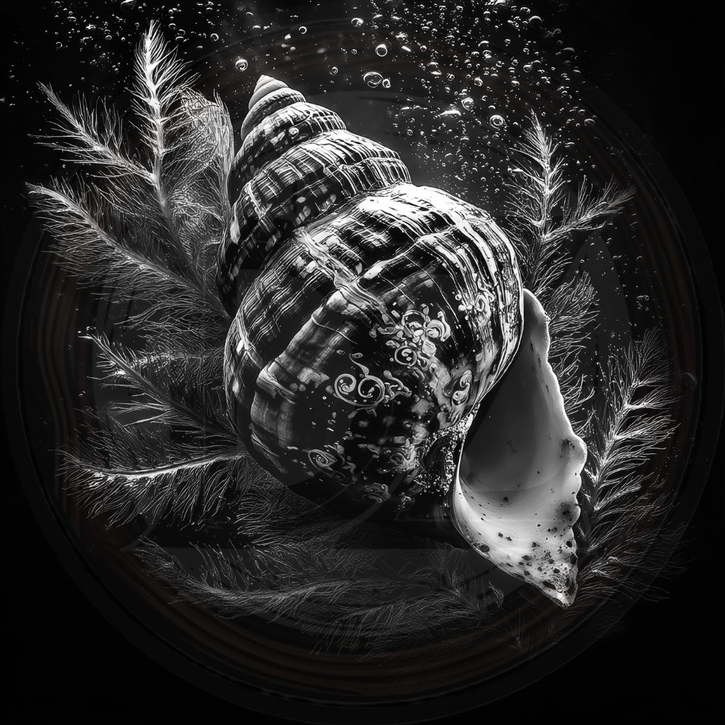 Black and white image of a shell with seaweed and bubbles