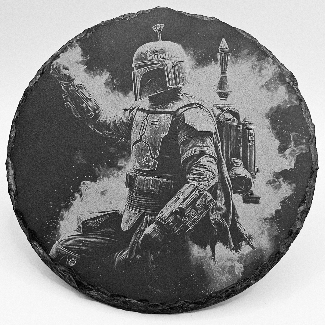 Round slate coaster with engraved image of a character from a science fiction series on a white background