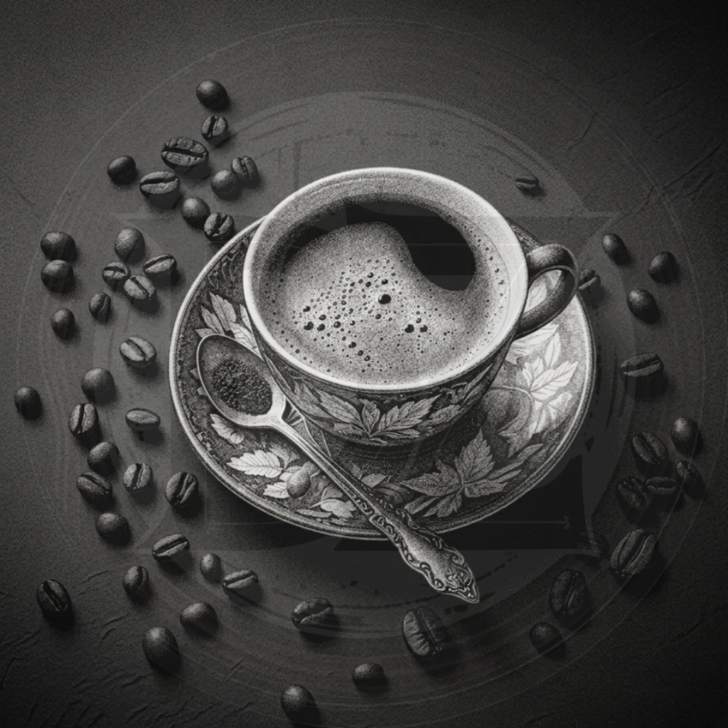 Black and white cup of coffee with beans on a textured surface