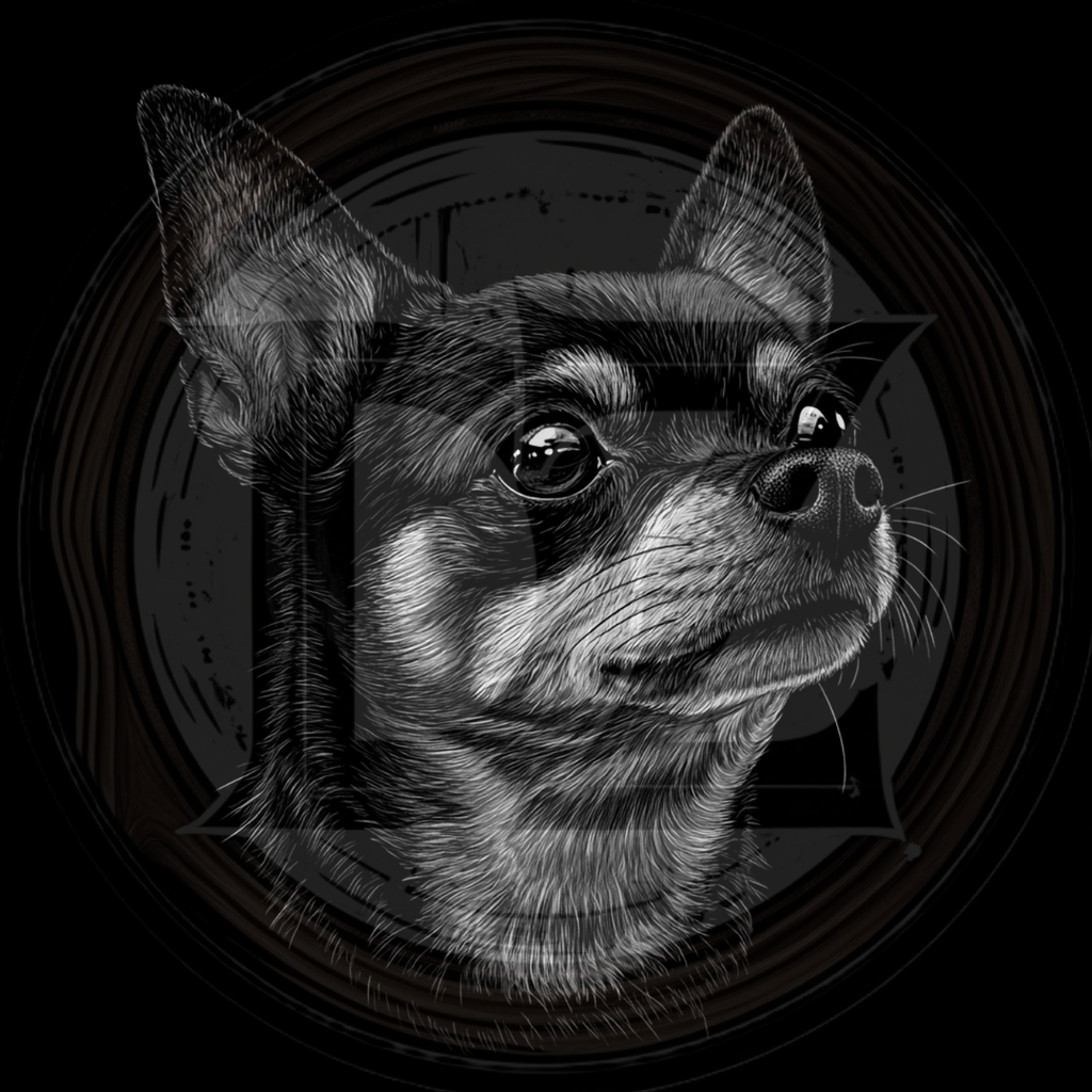 Black and white illustration of a dog's head