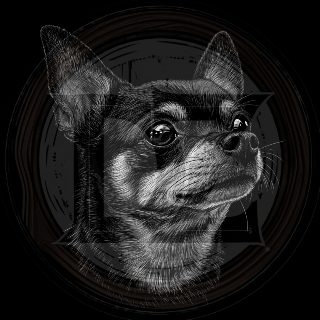Black and white illustration of a dog's head