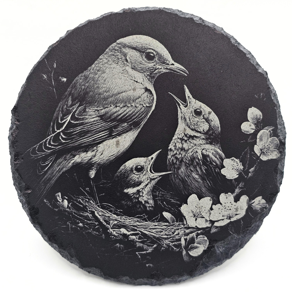 Decorative stone with engraved illustration of birds and flowers