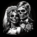 Black and white illustration of a skull couple with a bride and groom theme.