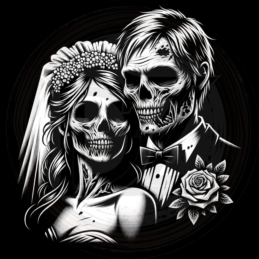 Black and white illustration of a skull couple with a bride and groom theme.