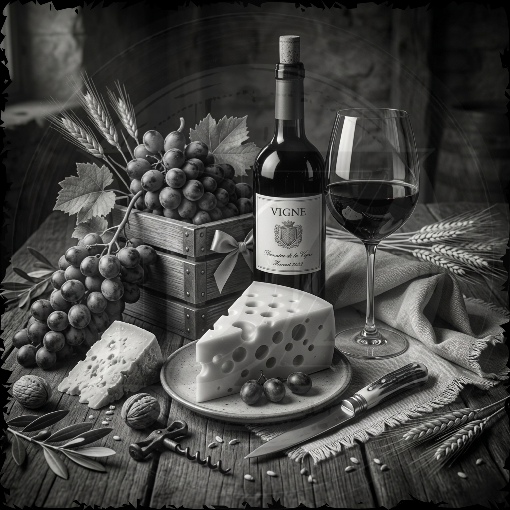 Still life with wine, cheese, and grapes on a wooden table.