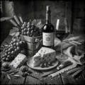 Still life with wine, cheese, and grapes on a wooden table.