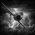 Black and white airplane flying through a stormy sky with lightning.