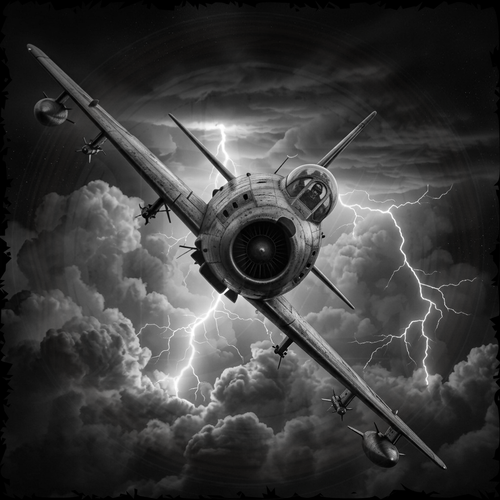 Black and white airplane flying through a stormy sky with lightning.