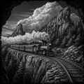Steam train on a mountain track with rocky cliffs and trees in the background