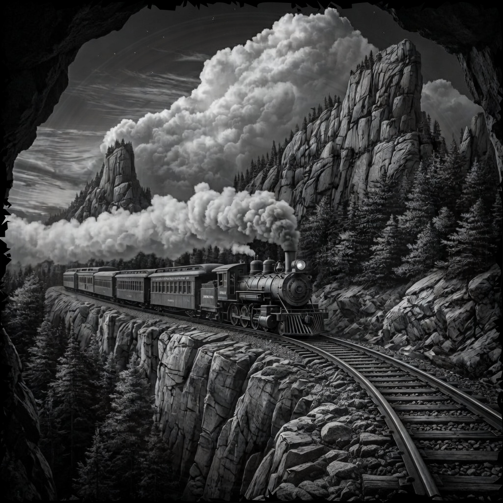 Steam train on a mountain track with rocky cliffs and trees in the background
