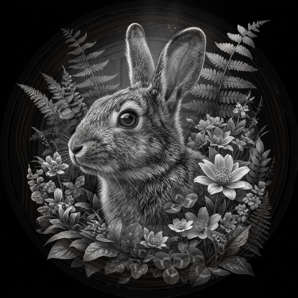 Black and white illustration of a rabbit surrounded by flowers and leaves