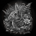 Black and white illustration of a rabbit surrounded by flowers and leaves