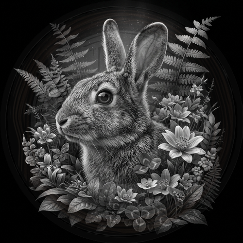 Black and white illustration of a rabbit surrounded by flowers and leaves