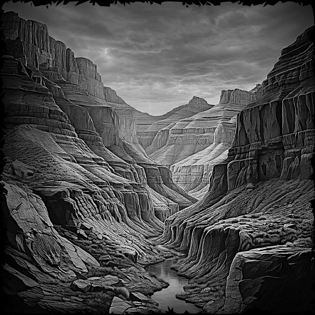 Black and white image of a canyon with a river running through it