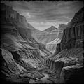Black and white image of a canyon with a river running through it