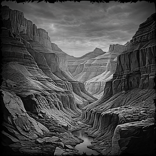 Black and white image of a canyon with a river running through it
