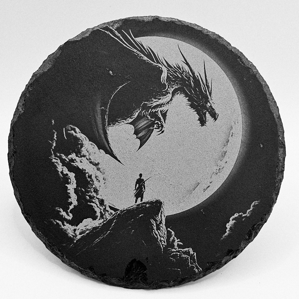 Decorative stone with a dragon and warrior design on a white background